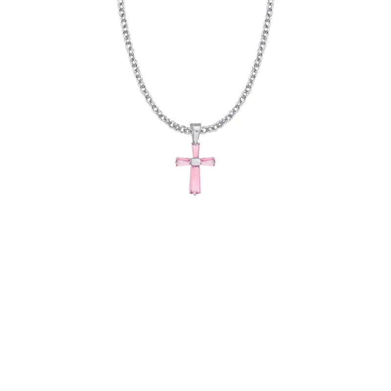 3/4 Inch Sterling Silver and Glass Crystal October Birthstone Baguette Cross Necklace