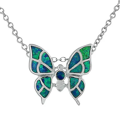 925 Sterling Silver Blue Turquoise-Tone Simulated Opal Butterfly Womens Pendant Necklace