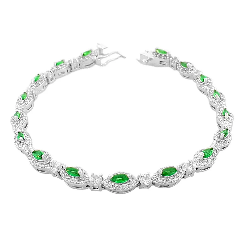 925 Sterling Silver Marquise White Green Emerald-Tone CZ Classic Tennis Bracelet