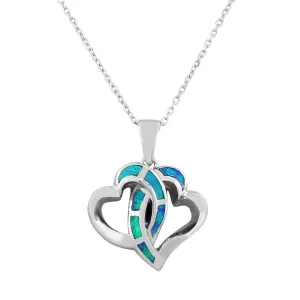925 Sterling Silver Womens Blue Turquoise-Tone Double Love Heart Simulated Opal Pendant Necklace
