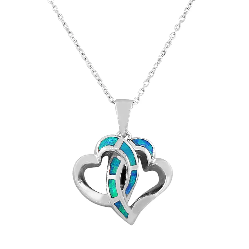 925 Sterling Silver Womens Blue Turquoise-Tone Double Love Heart Simulated Opal Pendant Necklace
