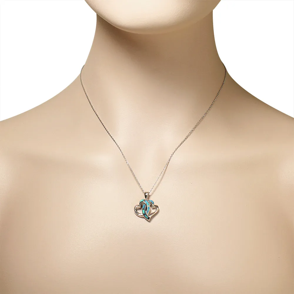 925 Sterling Silver Womens Blue Turquoise-Tone Double Love Heart Simulated Opal Pendant Necklace