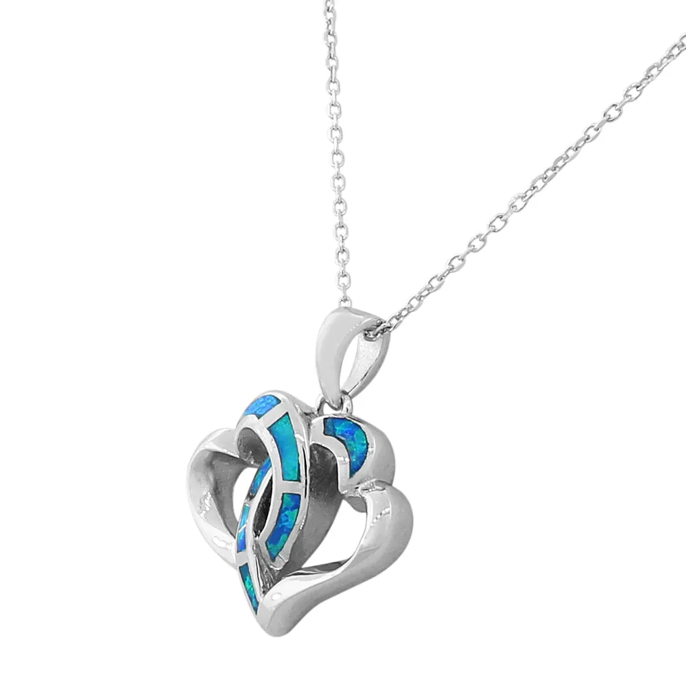 925 Sterling Silver Womens Blue Turquoise-Tone Double Love Heart Simulated Opal Pendant Necklace