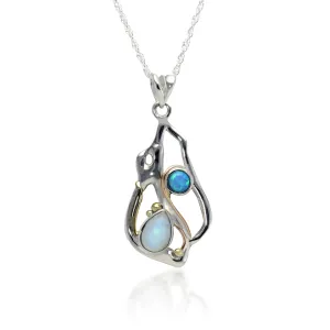 Banyan Teardrop Rainbow Moonstone and Blue Opal Necklace with Gold Details