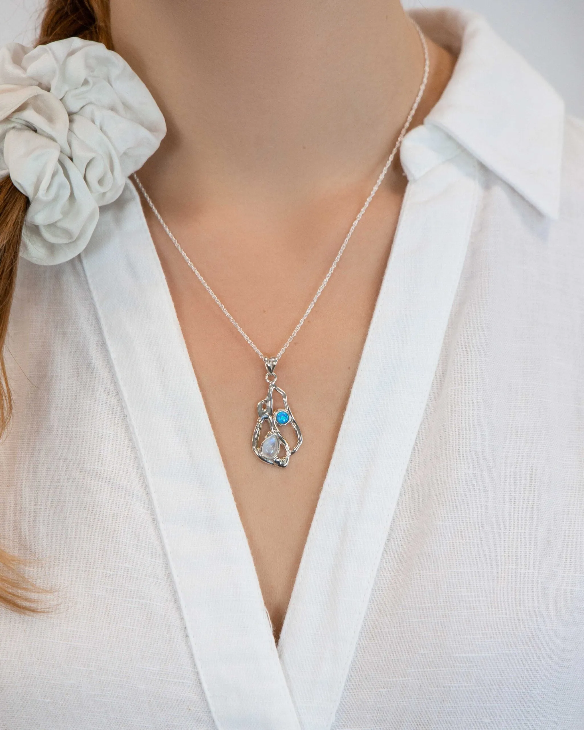 Banyan Teardrop Rainbow Moonstone and Blue Opal Necklace with Gold Details
