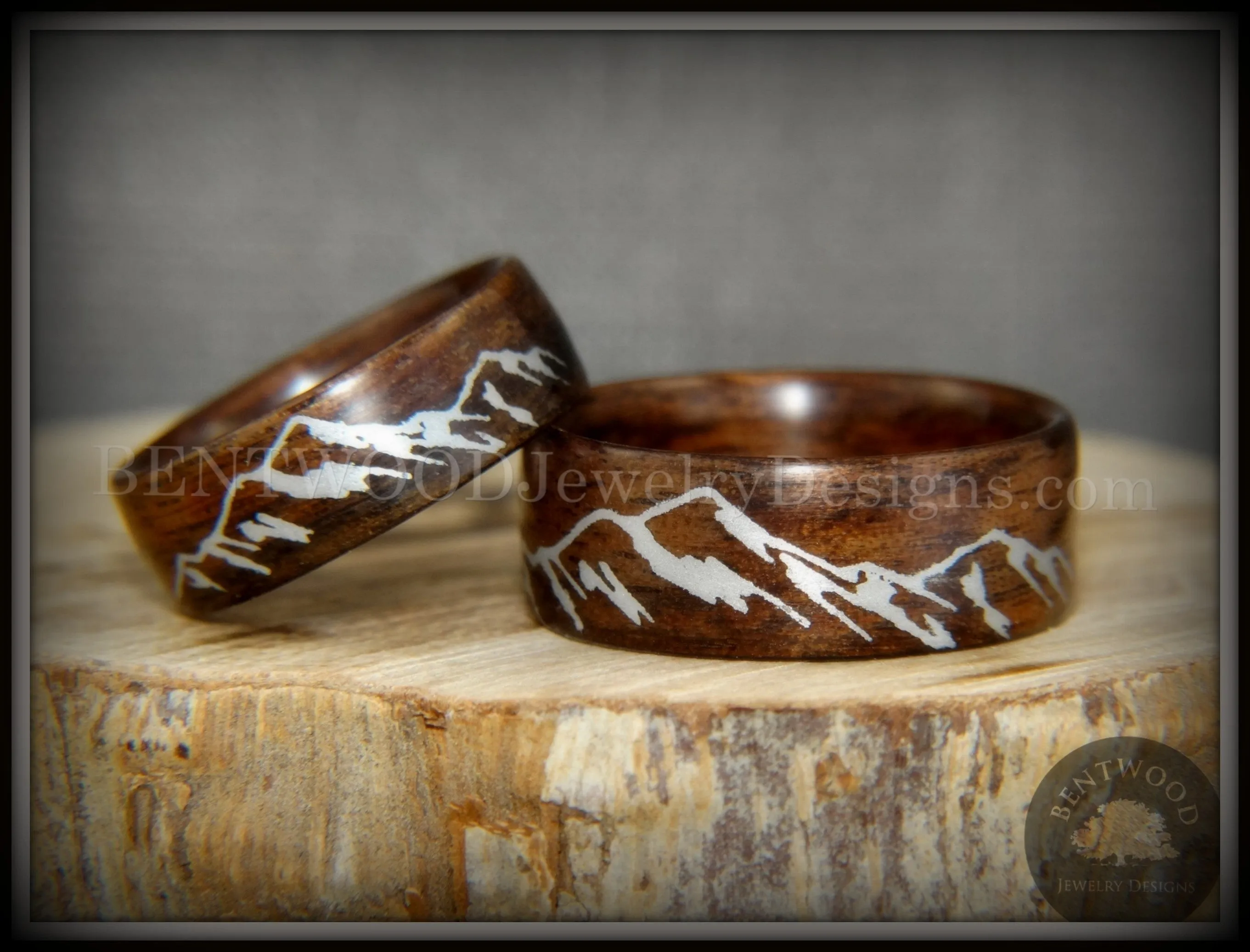 Bentwood Rings Set - "Silver Mountains" Rosewood Rings with Silver Mountainscape Inlay Engraving