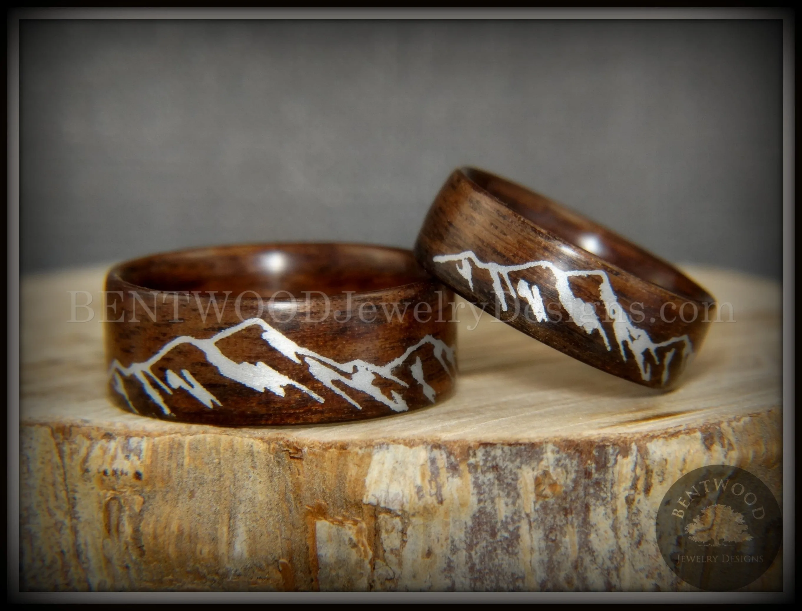 Bentwood Rings Set - "Silver Mountains" Rosewood Rings with Silver Mountainscape Inlay Engraving