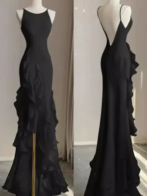 Black Mermaid Spaghetti Straps Backless Prom Gown Charming Evening Party Dress
