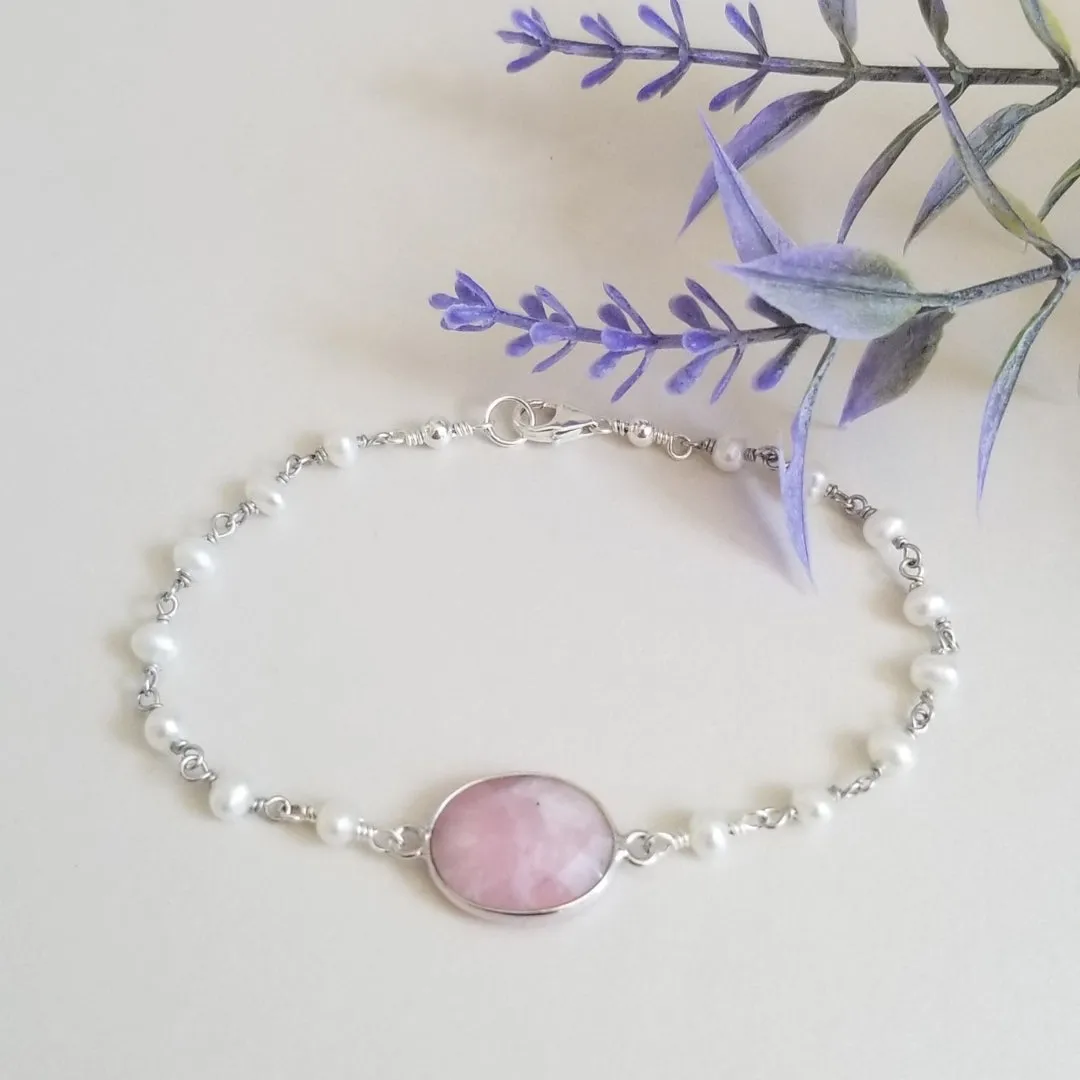 Bridesmaid Gift, Freshwater Pearls and Pink Opal Bracelet