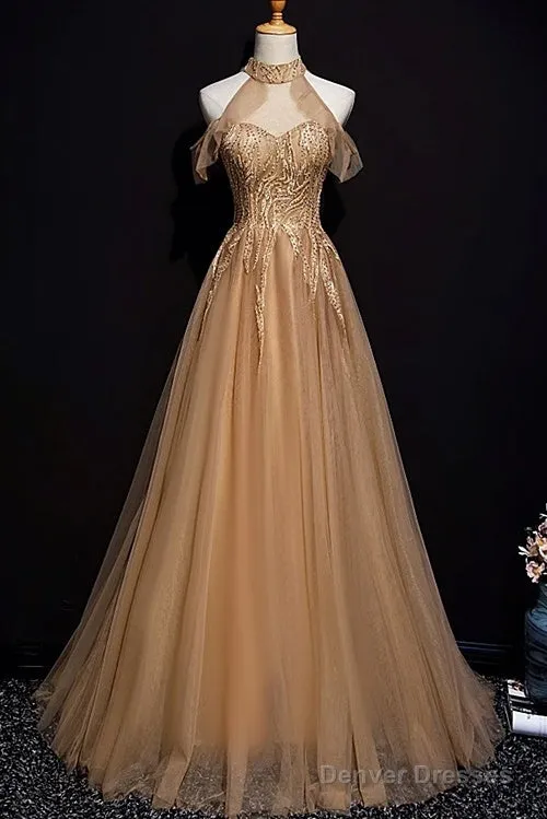 Charming Champagne Tulle Halter Long Party Gown, Prom Dress