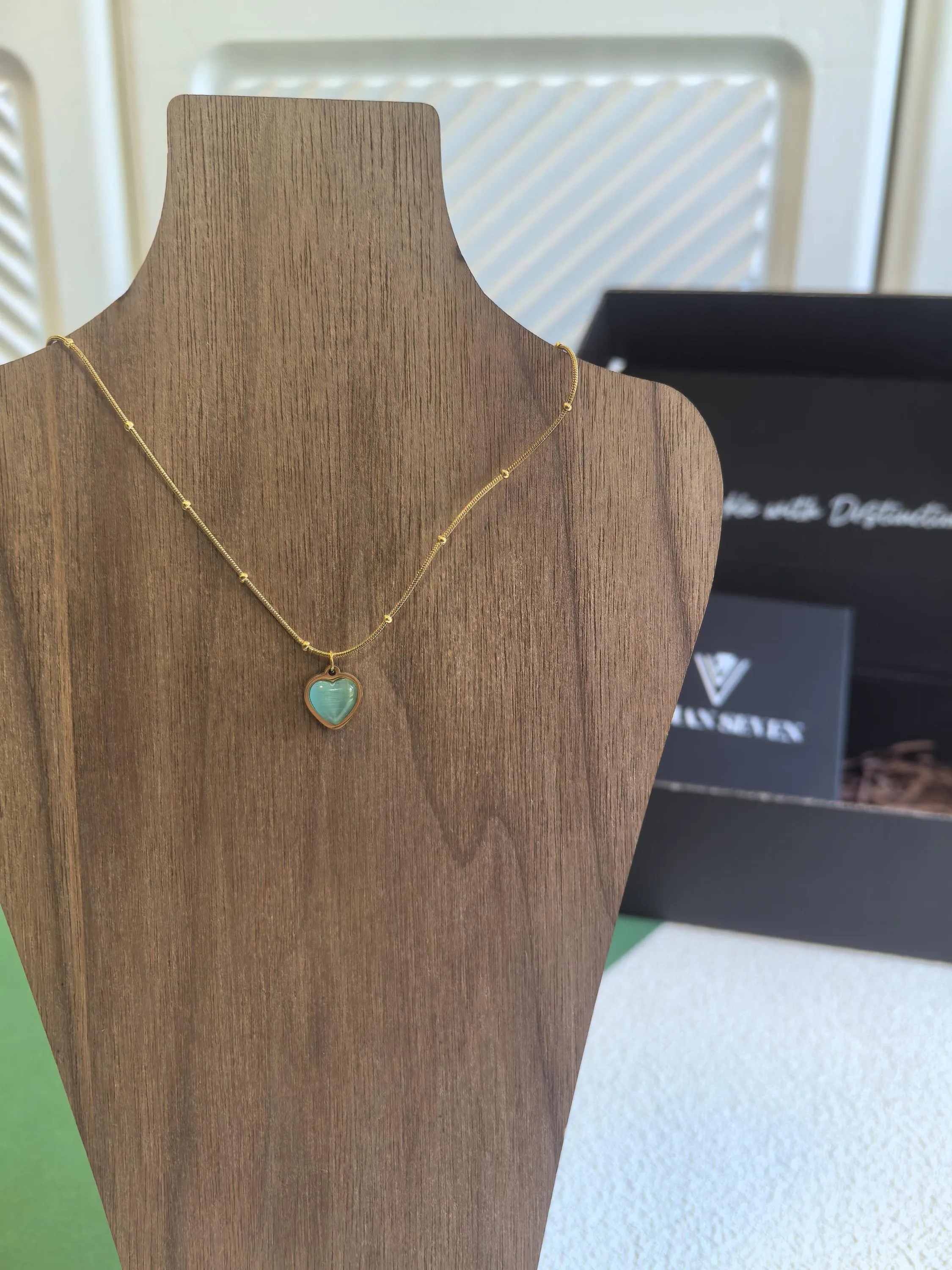 Chic Delicate 18K Gold Plate Teal Opal Titanium Steel Heart Chain Pendant Dainty Necklace