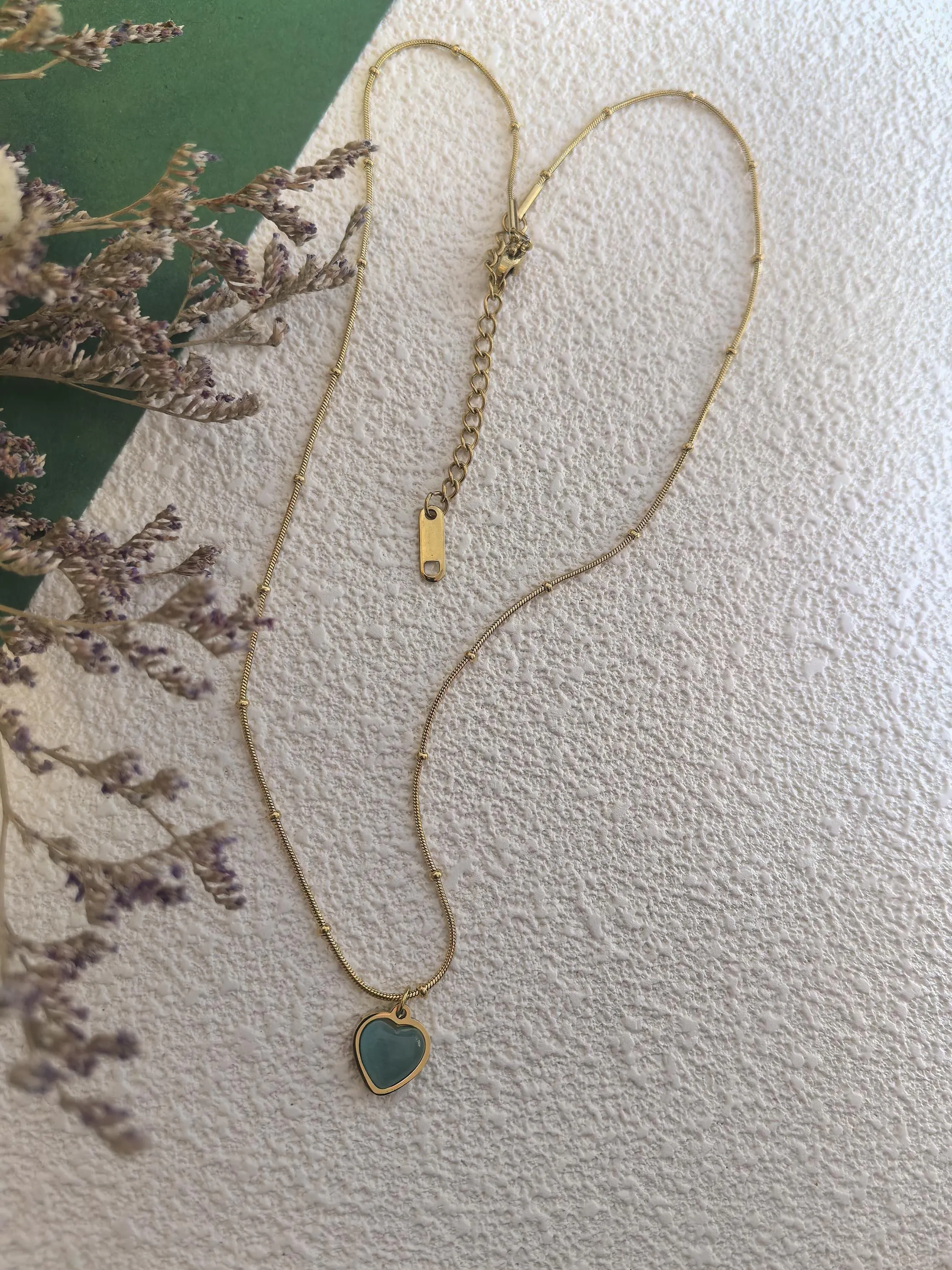 Chic Delicate 18K Gold Plate Teal Opal Titanium Steel Heart Chain Pendant Dainty Necklace