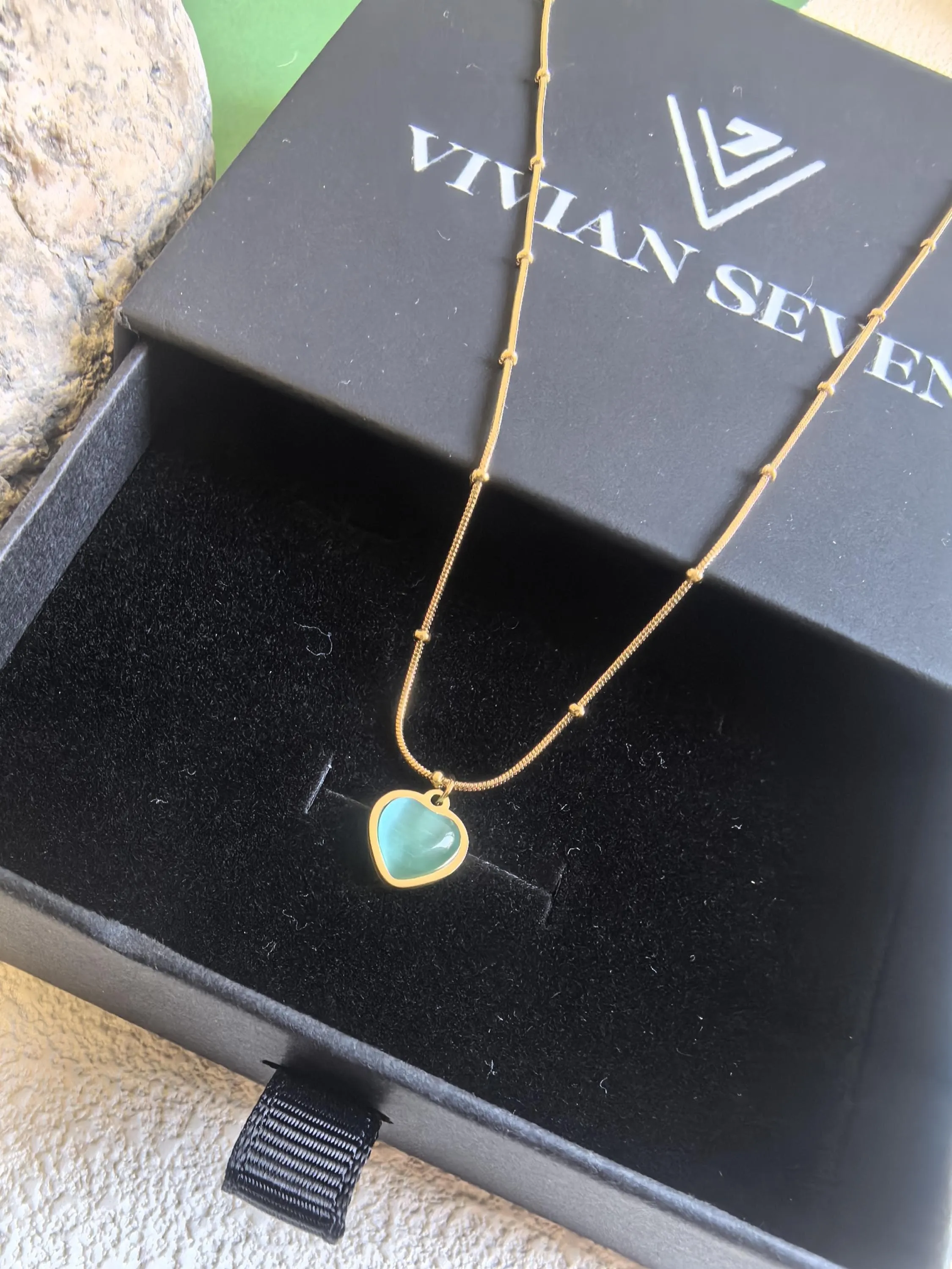Chic Delicate 18K Gold Plate Teal Opal Titanium Steel Heart Chain Pendant Dainty Necklace