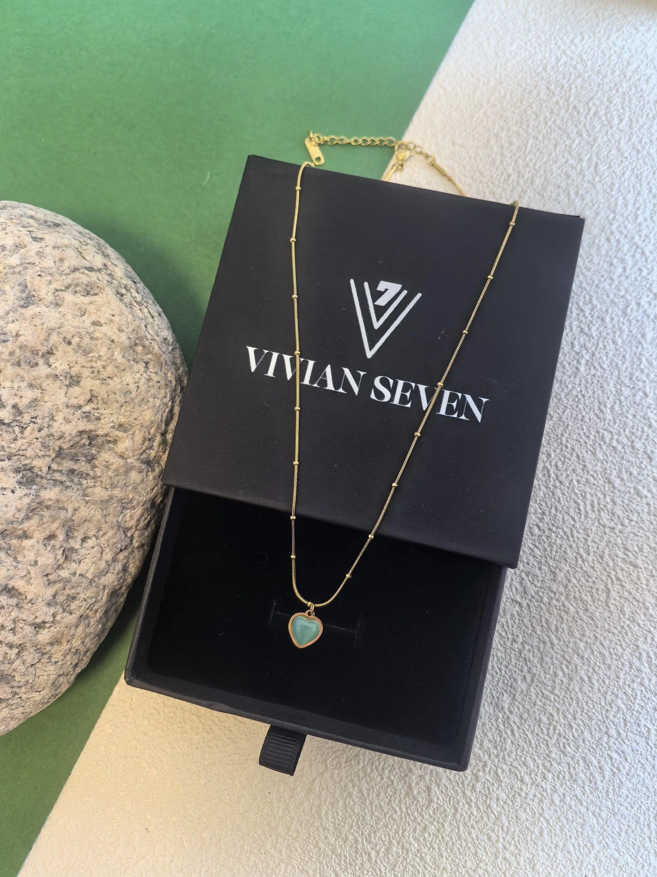 Chic Delicate 18K Gold Plate Teal Opal Titanium Steel Heart Chain Pendant Dainty Necklace