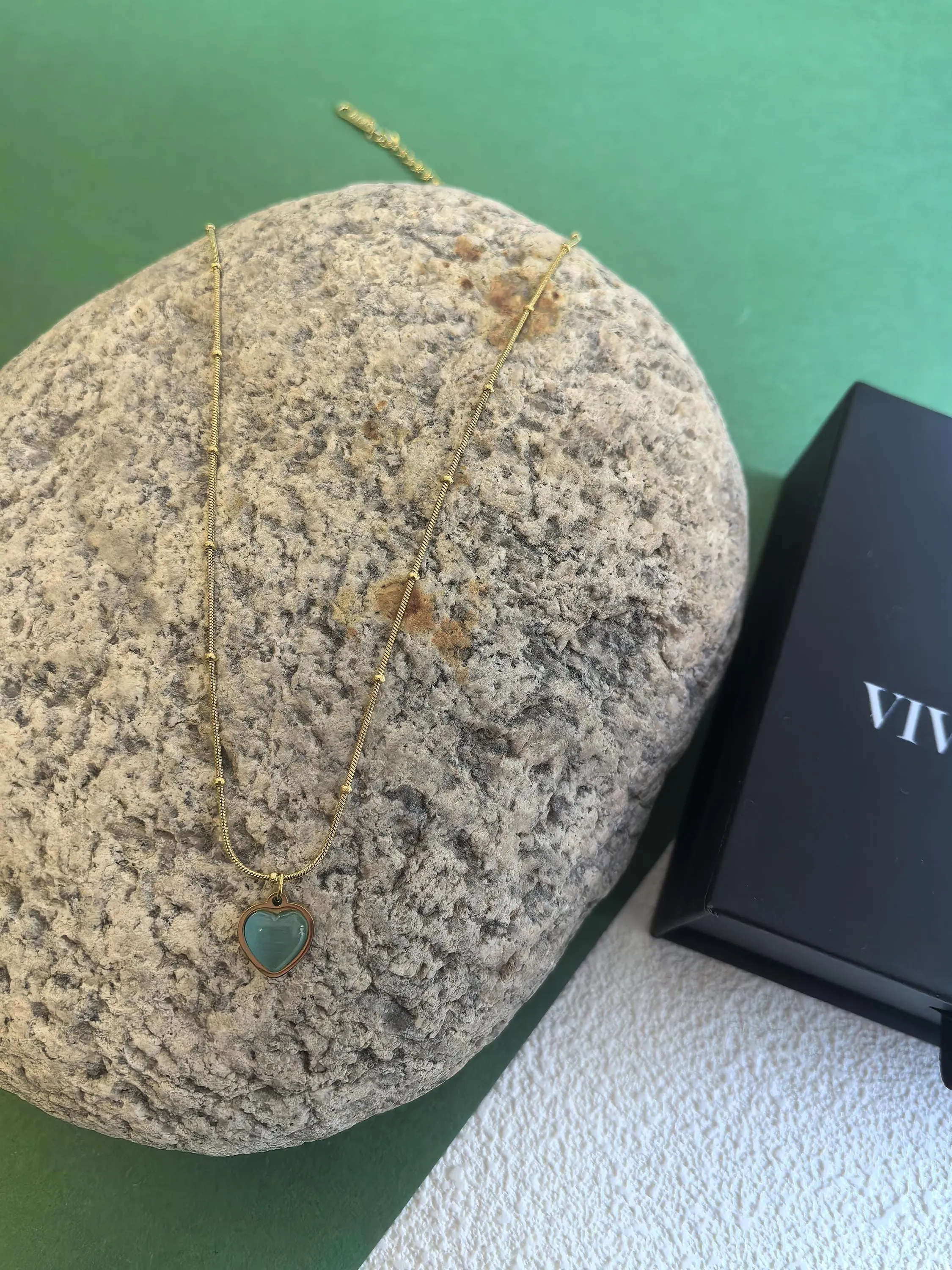 Chic Delicate 18K Gold Plate Teal Opal Titanium Steel Heart Chain Pendant Dainty Necklace