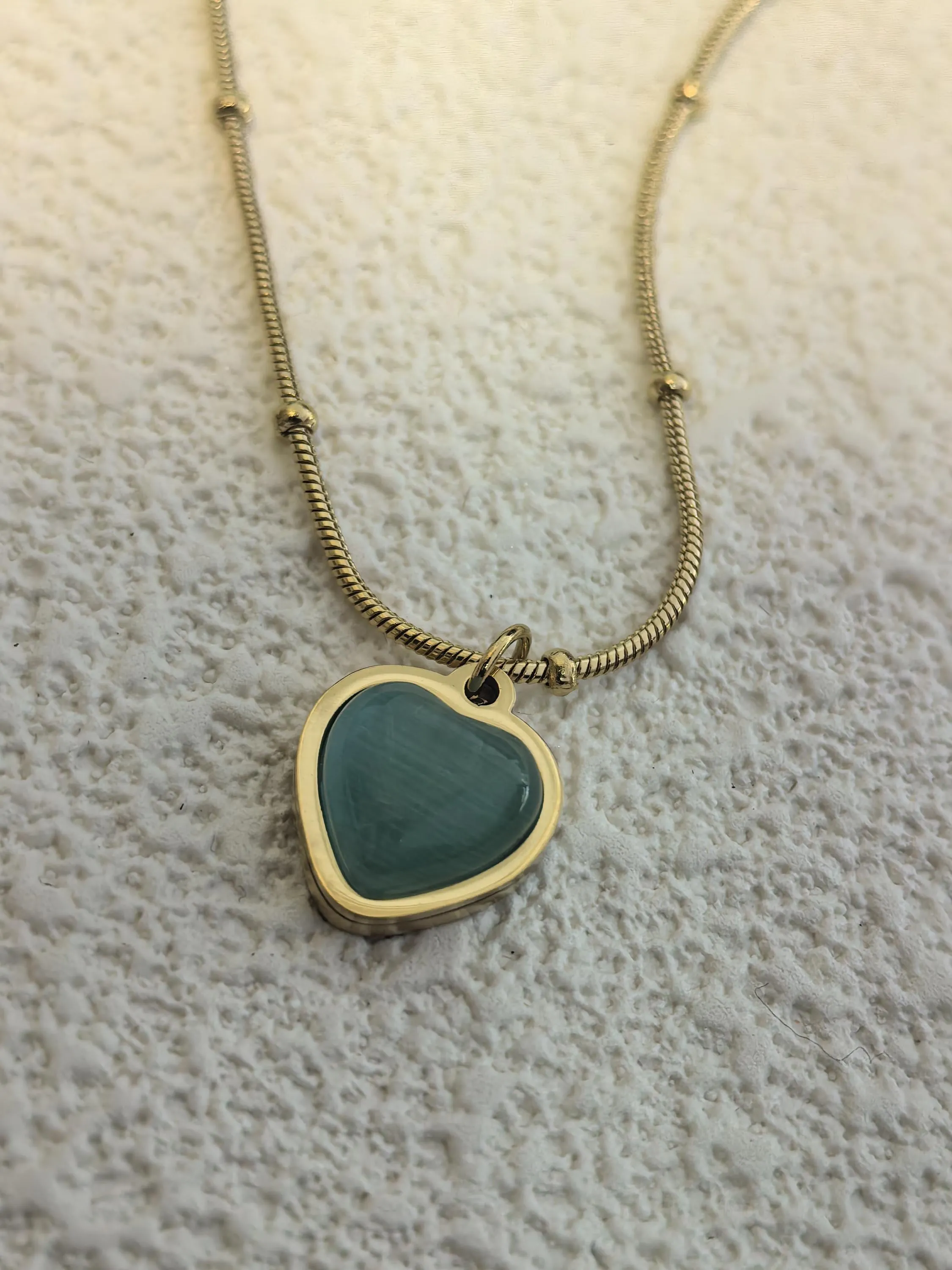 Chic Delicate 18K Gold Plate Teal Opal Titanium Steel Heart Chain Pendant Dainty Necklace