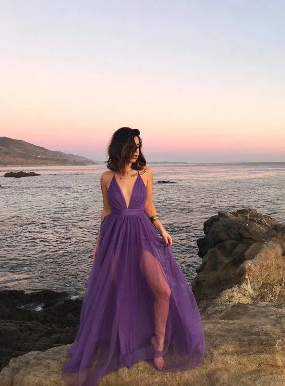 Deep V Neck Purple Tulle Fantasy Long Prom Dress Charming Evening Party Dress