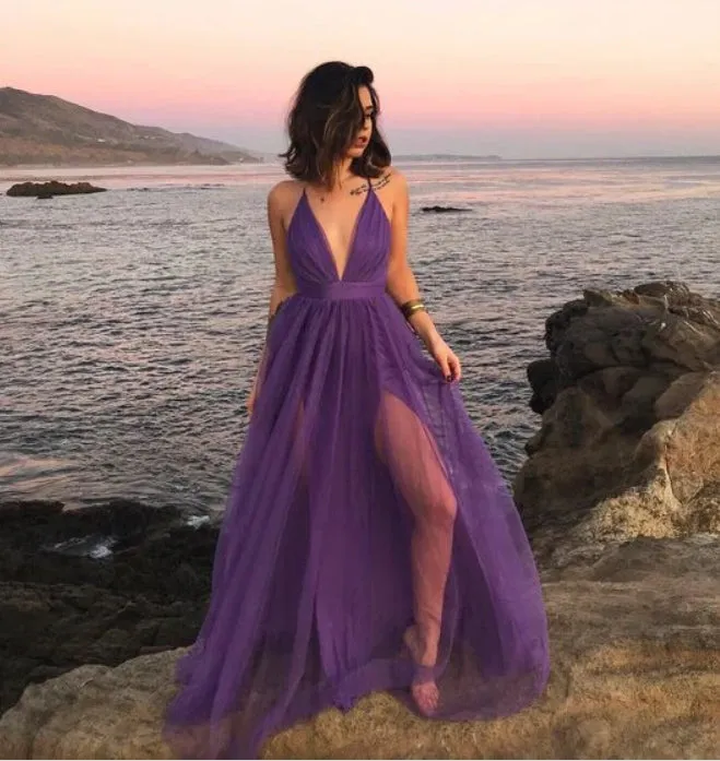 Deep V Neck Purple Tulle Fantasy Long Prom Dress Charming Evening Party Dress