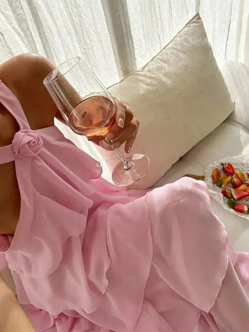 Elegant Flower Halter Neck Pink Long Prom Dress Charming Evening Party Dress