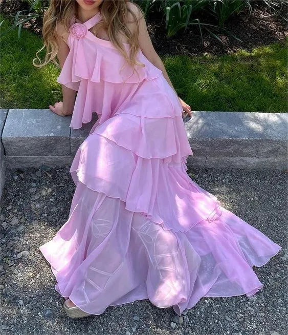 Elegant Flower Halter Neck Pink Long Prom Dress Charming Evening Party Dress