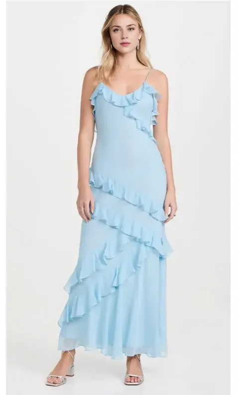 Elegant Sheath Spaghetti Strap Ruffle Blue Long Prom Dress Charming Evening Party Dress