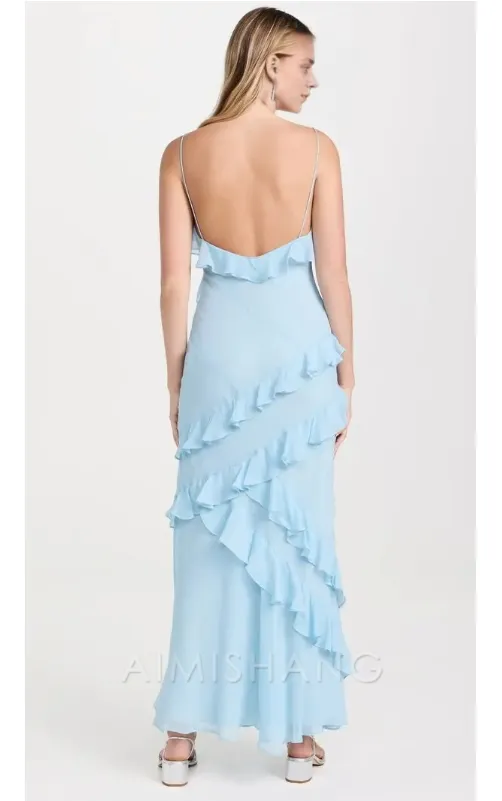 Elegant Sheath Spaghetti Strap Ruffle Blue Long Prom Dress Charming Evening Party Dress