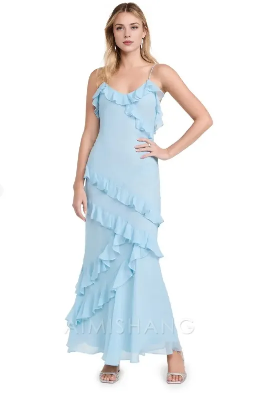 Elegant Sheath Spaghetti Strap Ruffle Blue Long Prom Dress Charming Evening Party Dress