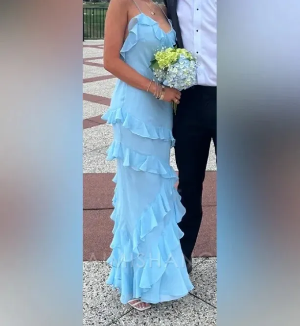 Elegant Sheath Spaghetti Strap Ruffle Blue Long Prom Dress Charming Evening Party Dress
