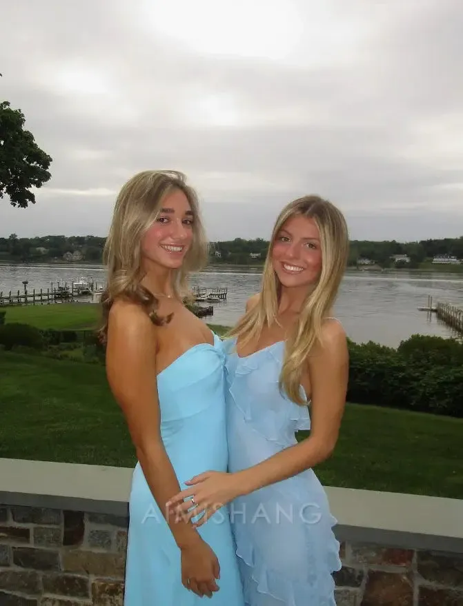 Elegant Sheath Spaghetti Strap Ruffle Blue Long Prom Dress Charming Evening Party Dress