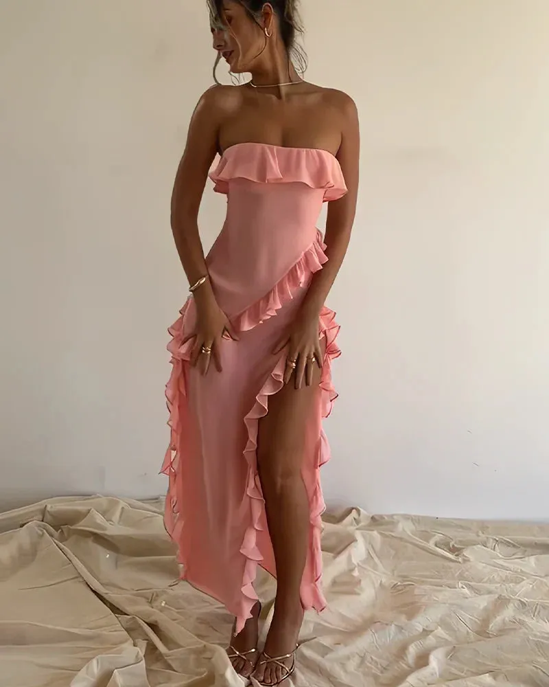 Elegant Slit Pleated Strapless Charming Evening Party Dress Formal Dress