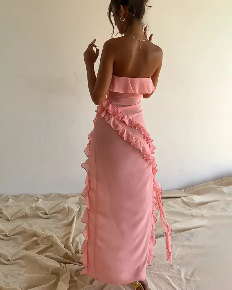 Elegant Slit Pleated Strapless Charming Evening Party Dress Formal Dress