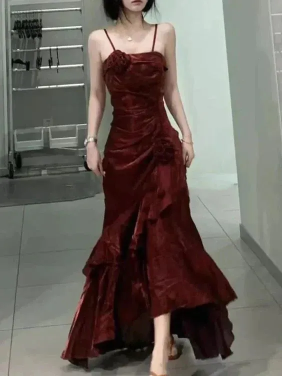 Elegant Spaghetti Straps Mermaid Ruffles Long Prom Dress Charming Evening Party Dress Wholesale