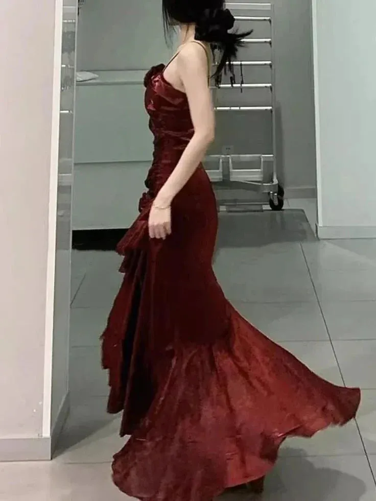 Elegant Spaghetti Straps Mermaid Ruffles Long Prom Dress Charming Evening Party Dress Wholesale