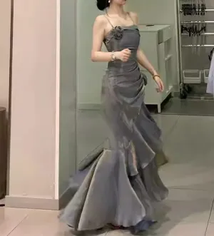 Elegant Spaghetti Straps Mermaid Ruffles Long Prom Dress Charming Evening Party Dress Wholesale