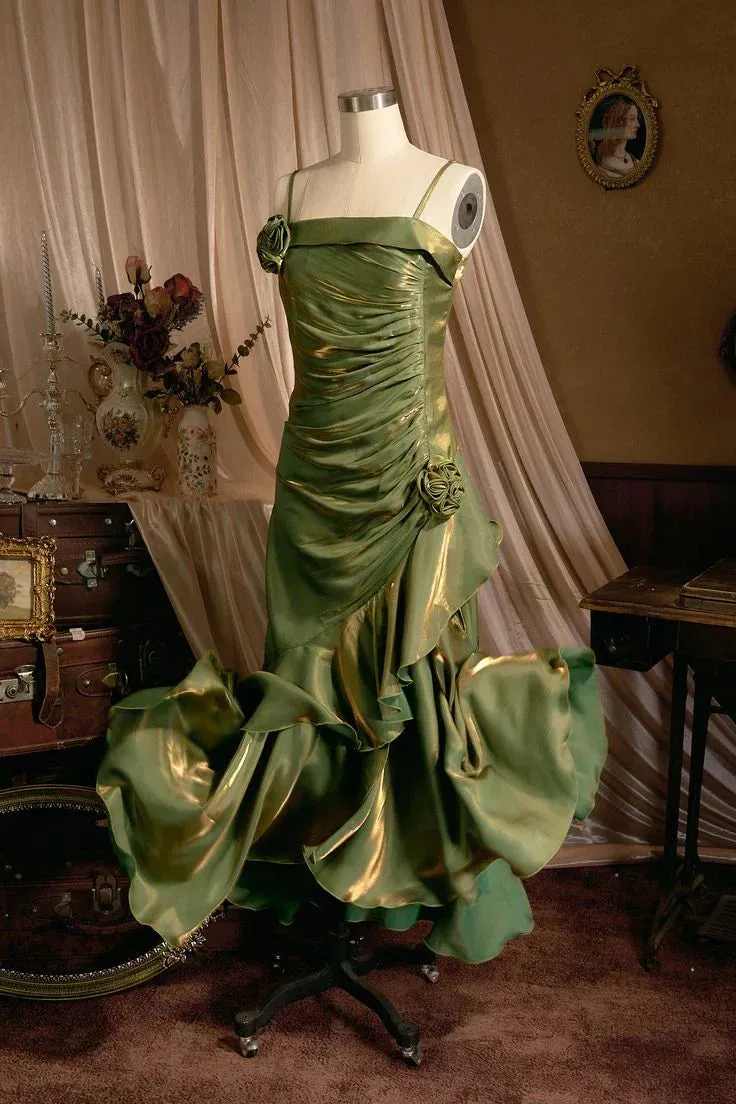 Elegant Spaghetti Straps Mermaid Ruffles Long Prom Dress Charming Evening Party Dress Wholesale