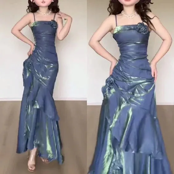 Elegant Spaghetti Straps Mermaid Ruffles Long Prom Dress Charming Evening Party Dress Wholesale
