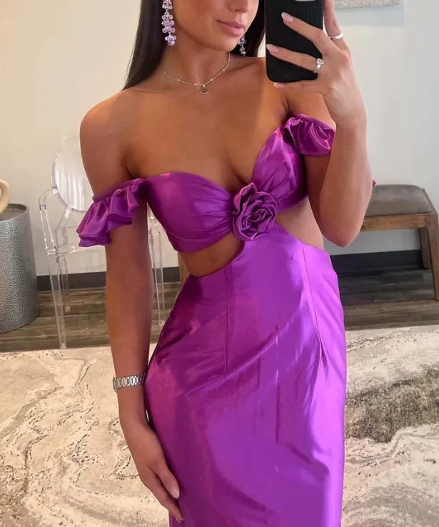 Fuchsia Off Shoulder Ruffle Side Cutouts Long Prom Dress Charming Evening Dress Party Dress Wholesale