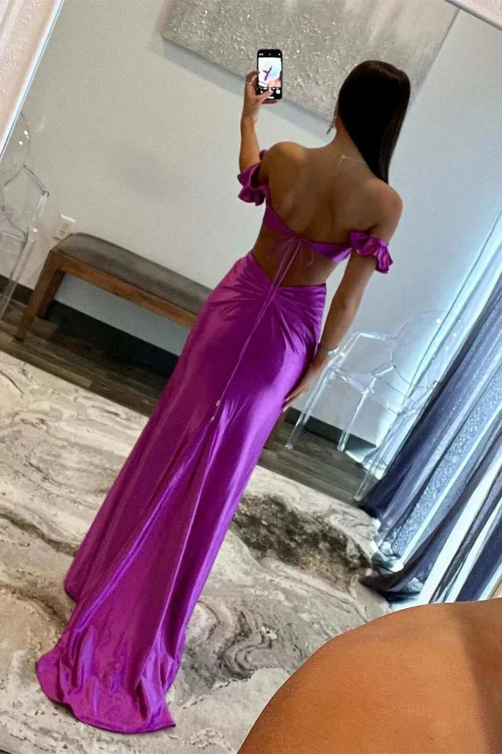 Fuchsia Off Shoulder Ruffle Side Cutouts Long Prom Dress Charming Evening Dress Party Dress Wholesale
