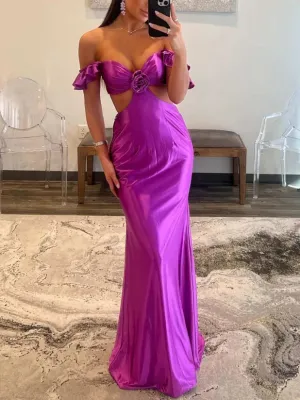 Fuchsia Off Shoulder Ruffle Side Cutouts Long Prom Dress Charming Evening Dress Party Dress Wholesale