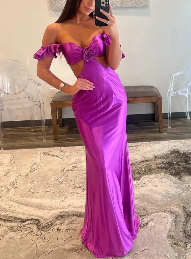 Fuchsia Off Shoulder Ruffle Side Cutouts Long Prom Dress Charming Evening Dress Party Dress Wholesale