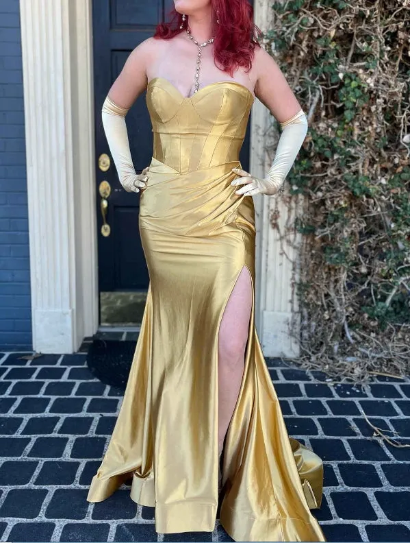 Fuchsia Sweetheart Strapless Satin Long Prom Dress with Slit Off Shoulder Charming Evening Dress Wholesale