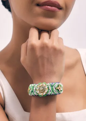 Gold Finish Pachi Kundan Bracelet With Blue Emerald In Mix Metals