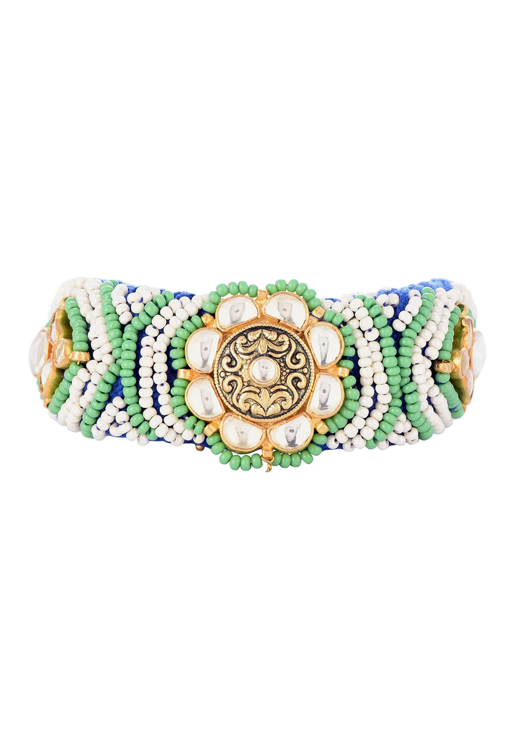 Gold Finish Pachi Kundan Bracelet With Blue Emerald In Mix Metals