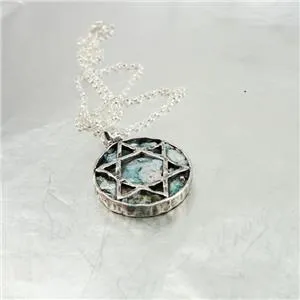 Hadar Designer Handmade 2 in 1 Star of David 925 Silver Roman Glass Pendant