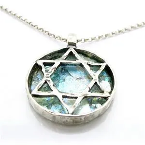 Hadar Designer Handmade 2 in 1 Star of David 925 Silver Roman Glass Pendant