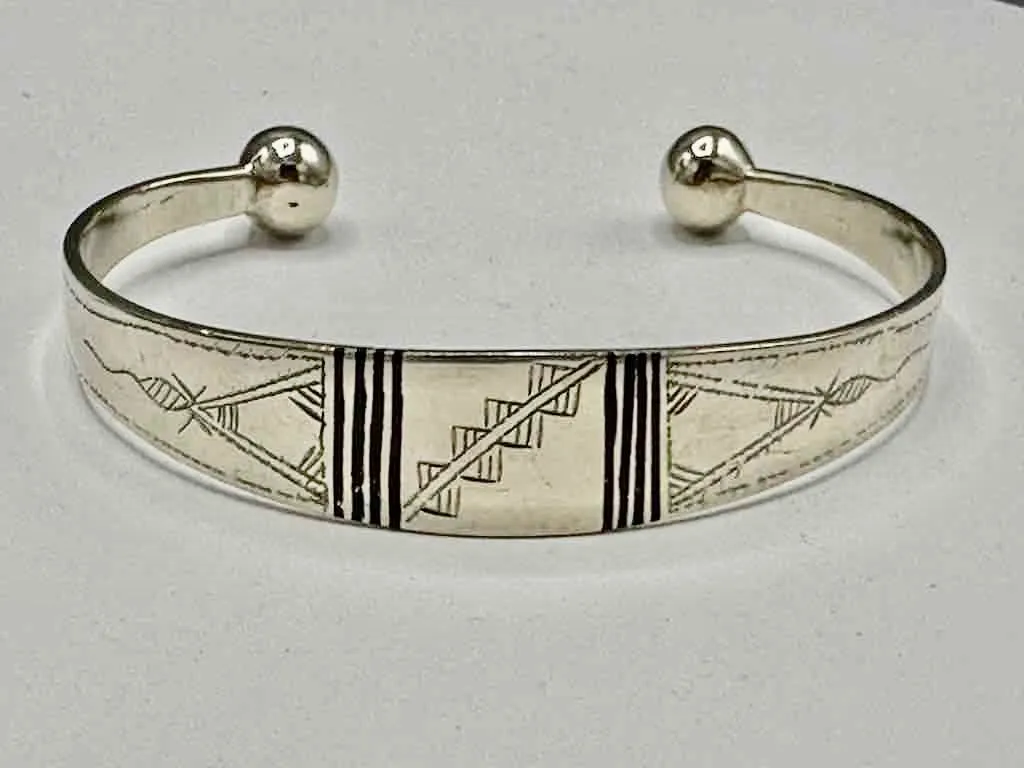 Large Wide Tuareg Inlaid Etched Coin Silver Bracelet