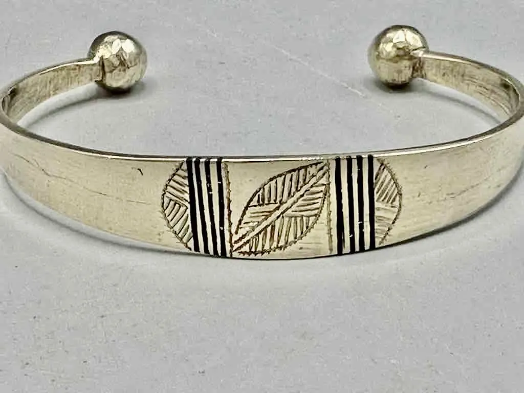 Large Wide Tuareg Inlaid Etched Coin Silver Bracelet