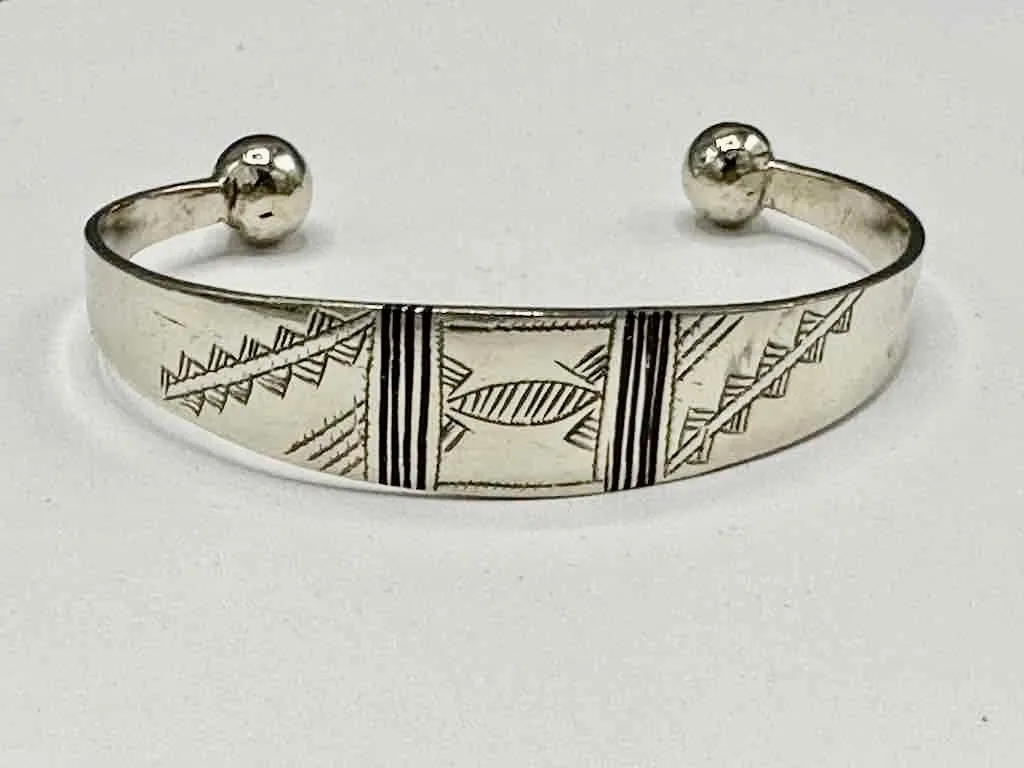 Large Wide Tuareg Inlaid Etched Coin Silver Bracelet