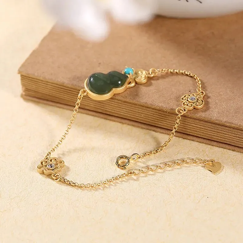 New inlaid natural Hetian green chalcedony gourd bracelet