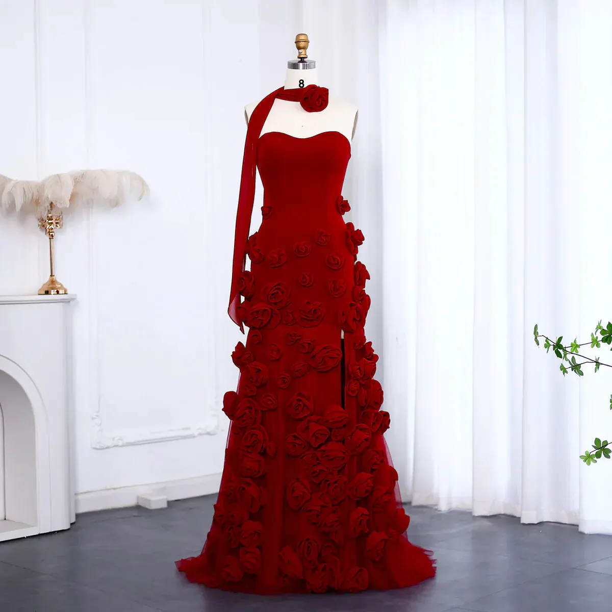 Off-the-Shoulder Charming Strapless High Slit Flower Prom Dress With Train